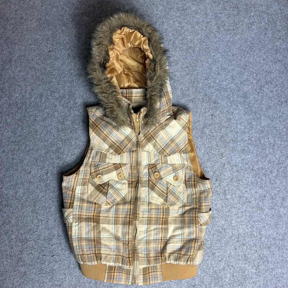 Ashley Hooded Vest Women XL Tan Plaid Excellent Faux Fur Trim Puffer Utility